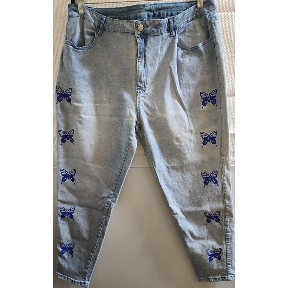TEMU LIGHT STONEWASH PURPLE-BUTTERFLY-EMBROIDERED SKINNY STRETCH JEANS - Picture 1 of 5